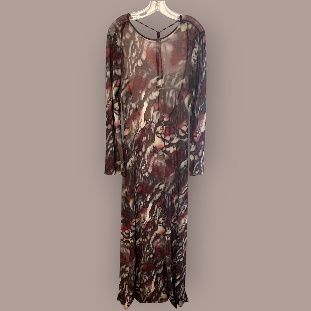 Sheer Mesh Abstract Print Maxi Dress Open Back Tie Neck Bell Sleeve Boho Y2K M/L - Picture 16 of 16